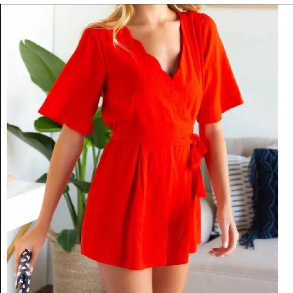 Jun & Ivy Red Scalloped Wrap Front Romper Belted Preppy Boutique